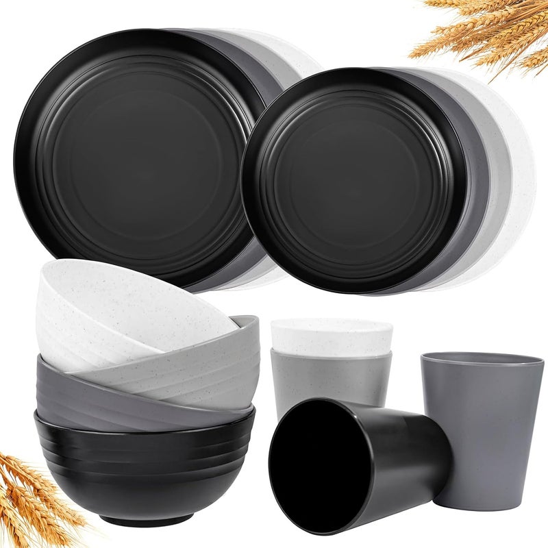 LIYH Love in your heart LIYH 16 Pcs Plastic Wheat Straw Dinnerware Sets for 4  Plates and Bowls Sets Reusable Tableware Dish Set for 4 Include Wheat Straw Plates Bowls Cups Microwave Dishwasher Safe - Image 1