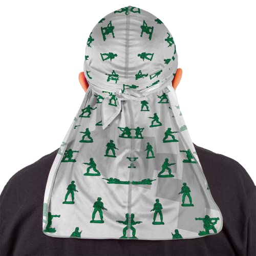 Superstitch Supersilky Ultra Silky Durag x Wavebuilder | 30+ Styles Premium Designer Durags for Men | 360 Waves | Gray with Green Army Men Pattern (Play Date) - Image 1