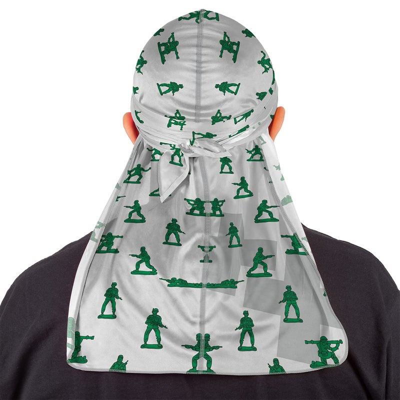 Superstitch Supersilky Ultra Silky Durag x Wavebuilder | 30+ Styles Premium Designer Durags for Men | 360 Waves | Gray with Green Army Men Pattern (Play Date) - Image 4