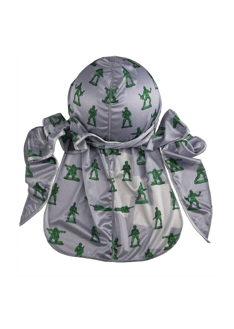 Superstitch Supersilky Ultra Silky Durag x Wavebuilder | 30+ Styles Premium Designer Durags for Men | 360 Waves | Gray with Green Army Men Pattern (Play Date) - Image 2