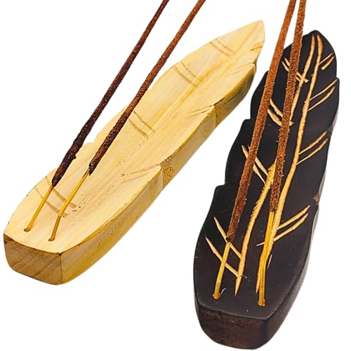 Calmveda Handmade Wooden Agarbatti Stand - Pack of 2 | Double Coloured Leaf Shaped Insence-Stick Holder | Natural Mango Wood Agarbatti Stand (10 Inch) - Image 1