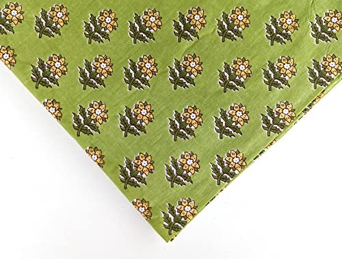 AVKA Studio Hand Block Print Fabric by The Yard - PRECUT 3 Yard 42 Inch Width - 100% Cotton Material - Green Floral Pattern - Light Weight Indian Cloth for Making Summer Dress Tops Indian Fabric etc - Image 3