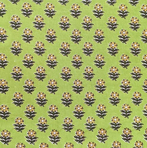 AVKA Studio Hand Block Print Fabric by The Yard - PRECUT 3 Yard 42 Inch Width - 100% Cotton Material - Green Floral Pattern - Light Weight Indian Cloth for Making Summer Dress Tops Indian Fabric etc - Image 1