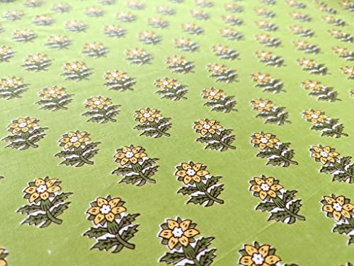 AVKA Studio Hand Block Print Fabric by The Yard - PRECUT 3 Yard 42 Inch Width - 100% Cotton Material - Green Floral Pattern - Light Weight Indian Cloth for Making Summer Dress Tops Indian Fabric etc - Image 4
