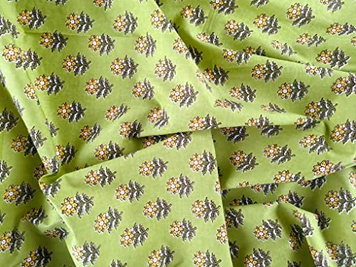 AVKA Studio Hand Block Print Fabric by The Yard - PRECUT 3 Yard 42 Inch Width - 100% Cotton Material - Green Floral Pattern - Light Weight Indian Cloth for Making Summer Dress Tops Indian Fabric etc - Image 2