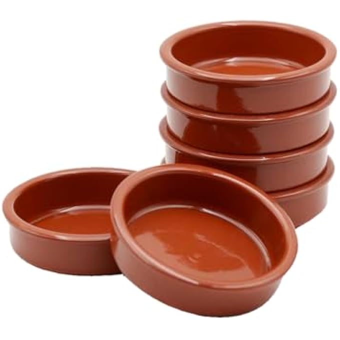 ريحني طبق طيني دائري إسباني طيني يدوي الصنع وأدوات طعام مطبخ متعددة الأغراض وعاء طيني طبيعي بلون بني 14 سم 6 قطع - Image 2