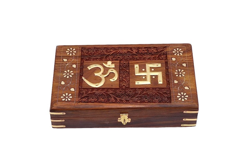 CRAFTCASTLE CRAFTCASTL Handmade Wooden Jewellery Box for Women | Jewel Organizer | Décor Gift Item | OM Box for Good Luck (OM+Swastic, 10x6x2.5Inches) - Image 1