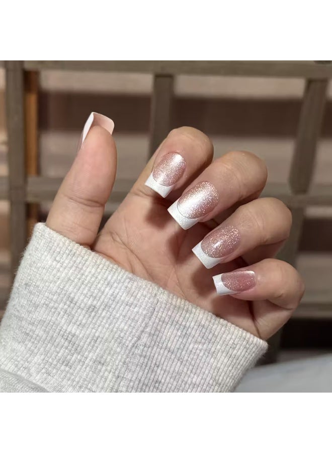 LANGMANNI 30pcs Pink/Brown Aurora Cat Eye Short French Press-On Nails, Shiny Soft Gel Cat Eye Fake Nails, Full Coverage Removable Nails with Jelly Glue and Nail File, Suitable for Women and Daily Life, Holiday Party Wear Nail Decoration - Image 2