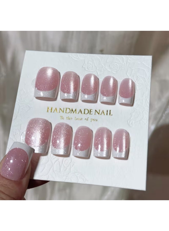LANGMANNI 30pcs Pink/Brown Aurora Cat Eye Short French Press-On Nails, Shiny Soft Gel Cat Eye Fake Nails, Full Coverage Removable Nails with Jelly Glue and Nail File, Suitable for Women and Daily Life, Holiday Party Wear Nail Decoration - Image 3