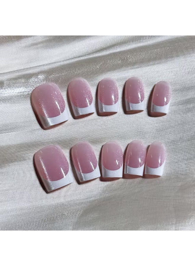 LANGMANNI 30pcs Pink/Brown Aurora Cat Eye Short French Press-On Nails, Shiny Soft Gel Cat Eye Fake Nails, Full Coverage Removable Nails with Jelly Glue and Nail File, Suitable for Women and Daily Life, Holiday Party Wear Nail Decoration - Image 4