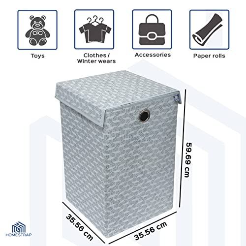 Homestrap Printed Non-Woven Laundry Basket with Lid and Handle – 75L Foldable Cloth Storage Hamper for Clothes, Towels, Toys, Shoes | Collapsible Organizer for Bedroom, Bathroom & More (Grey) - Image 2