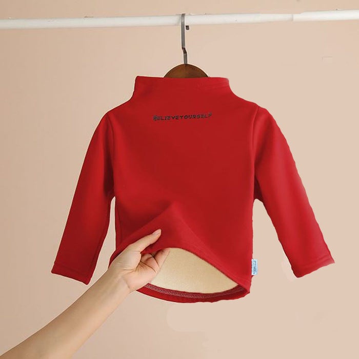 Childrens fleece-lined thickened turtleneck bottoming shirt suit winter boys and girls long johns underwear suit baby middle and big children Red top