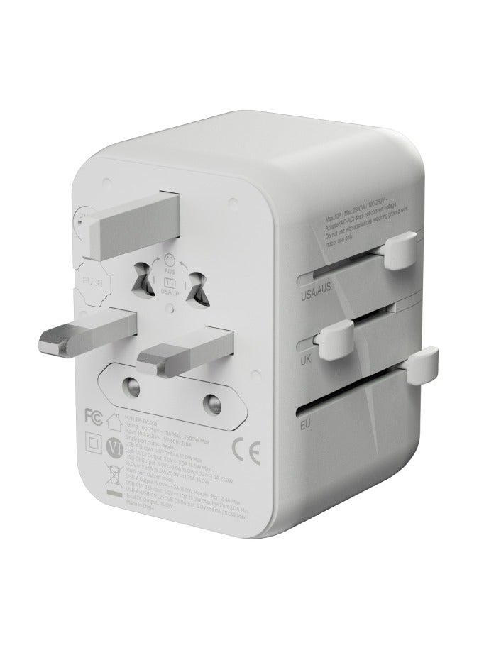 blupebble Passport 5 GaN III World Travel Adapter | 35W QC 3.0 Fast Charger with 3 USB-C & 2 USB-A | Universal Plug for USA, UK, EU, AU | Compatible with iPhone, Laptop, Tablets  - Image 2
