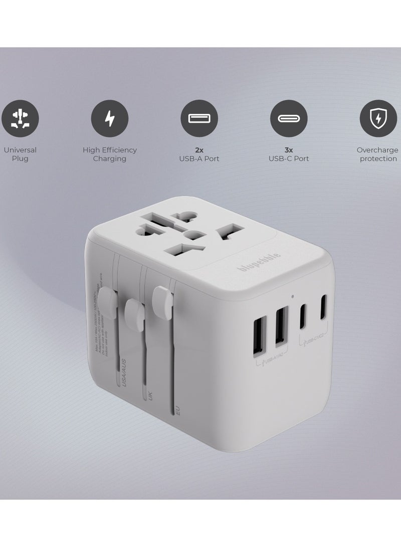 blupebble Passport 5 GaN III World Travel Adapter | 35W QC 3.0 Fast Charger with 3 USB-C & 2 USB-A | Universal Plug for USA, UK, EU, AU | Compatible with iPhone, Laptop, Tablets  - Image 3