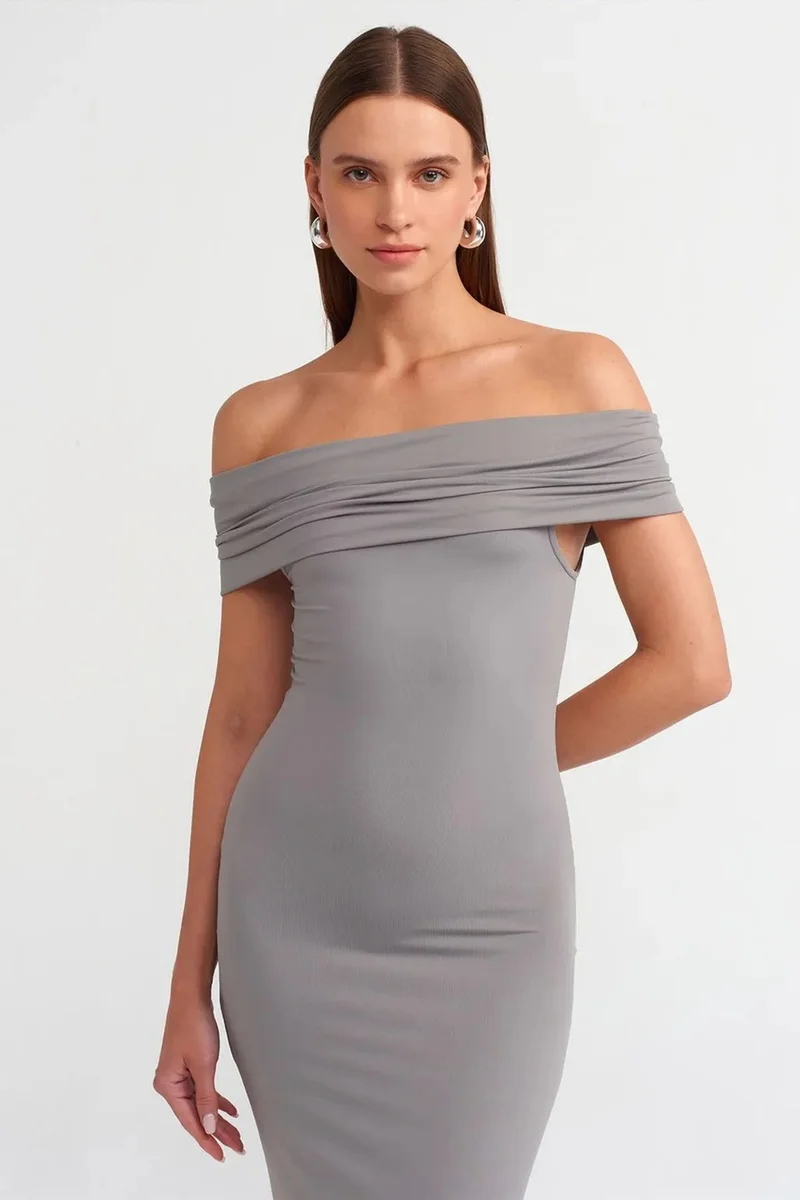 Dilvin Slate Grey DILVIN Off-Shoulder Bodycon Midi Dress for Women | Best Price UAE