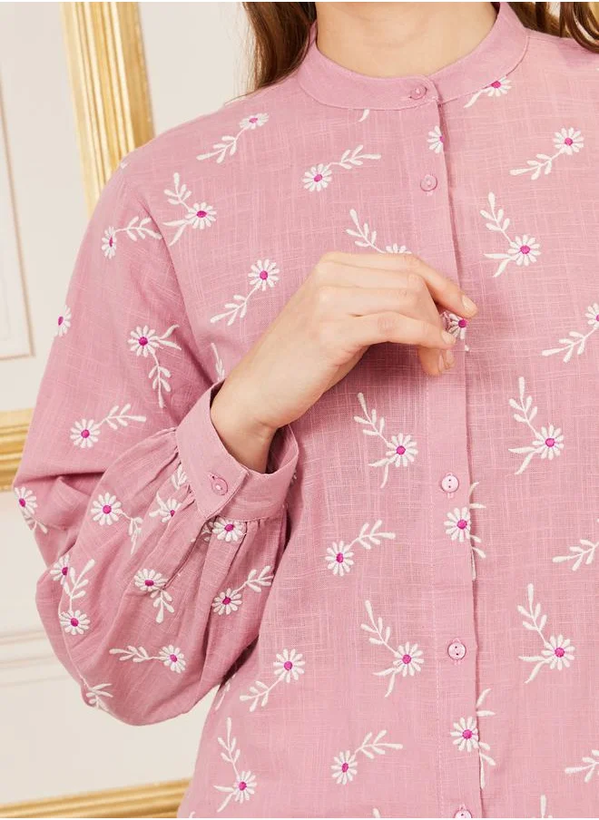 Styli Cotton Slub Floral Embroidered Mandarin Collar Shirt