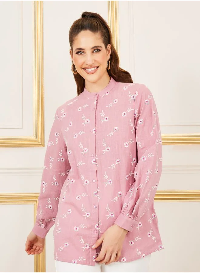 Styli Cotton Slub Floral Embroidered Mandarin Collar Shirt