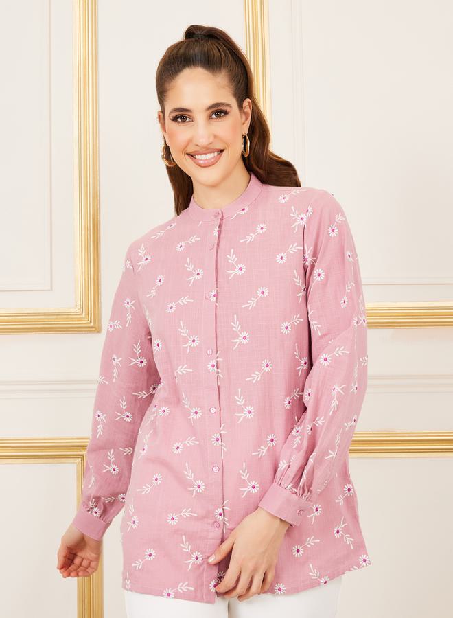 Styli Cotton Slub Floral Embroidered Mandarin Collar Shirt - Image 3