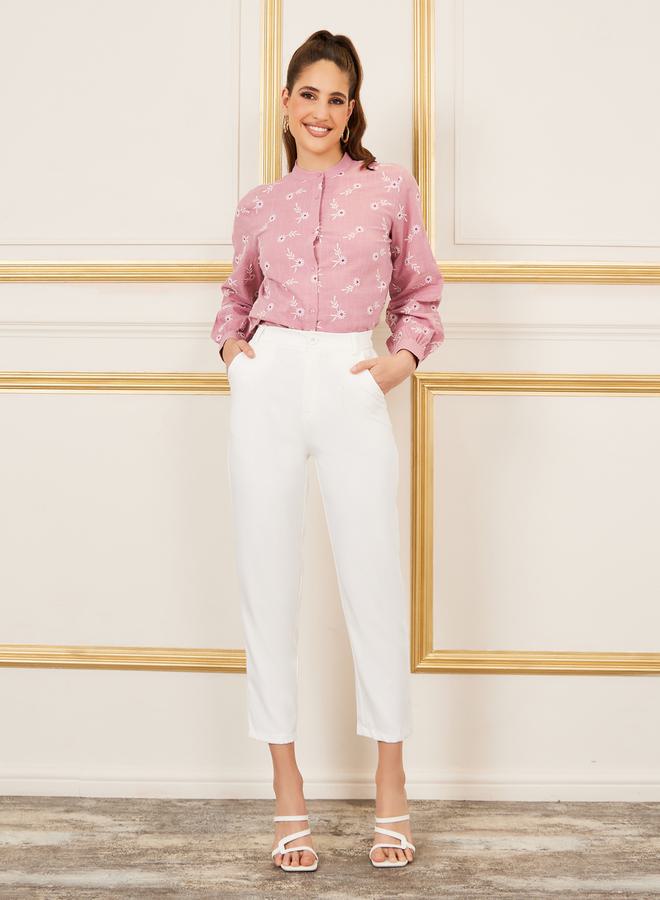Styli Cotton Slub Floral Embroidered Mandarin Collar Shirt - Image 2