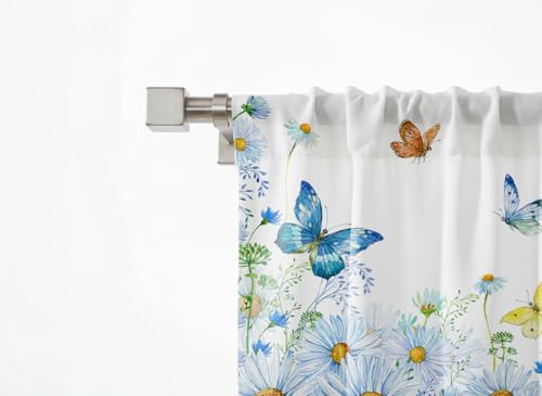 TQFZP Spring Watercolor Flowers Kitchen Curtains Short and Valance Set Daisies Butterflies Wildflowers Blue Fabric Curtain Drapes Cafe Curtains Valance for Home Decor - Image 4