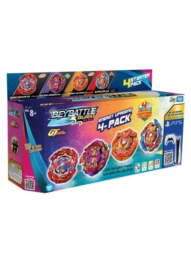 TAKARA TOMY Beyblade Burst BS5 Energy Uprising 4-Pack Set | Original Takara Tomy GT Layer Beyblades with Launchers | Cosmic Valtryek, Achilles, Flare Dragon & Eclipse Genesis | Ages 8+ - Image 1