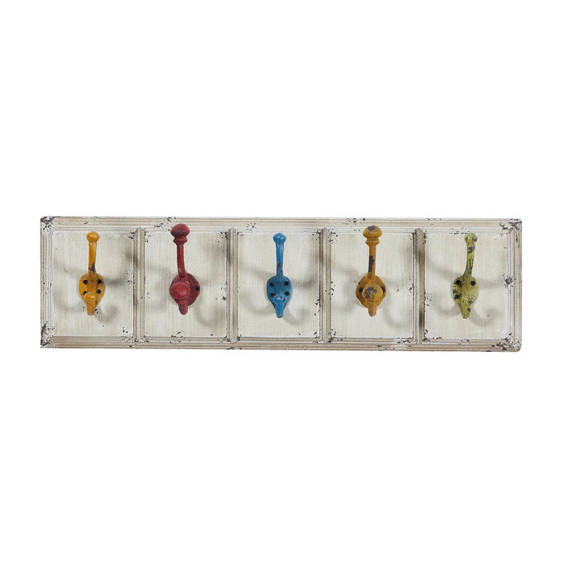 Deco 79 Wood 5 Hangers Wall Hook with Multi Colored Hooks 24 x 4 x 7 White
