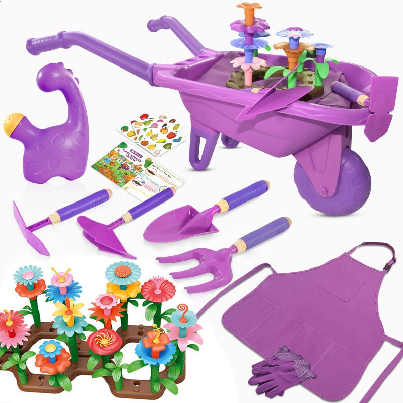 Qtioucp 16Pcs Kids Gardening Tools Outdoor Toys Set Backyard Play with 93 PCS DIY Flower Garden Building Preschool Activities Purple - Image 2