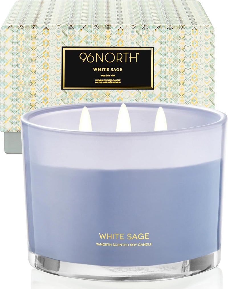 96NORTH Luxury White Sage Candle | Large 3 Wick Jar Candle | Up to 50 Hours Burning Time | 100% Natural Soy Wax | Relaxing Aromatherapy Aesthetic Candles | Housewarming Gift for Men and Women - Image 1