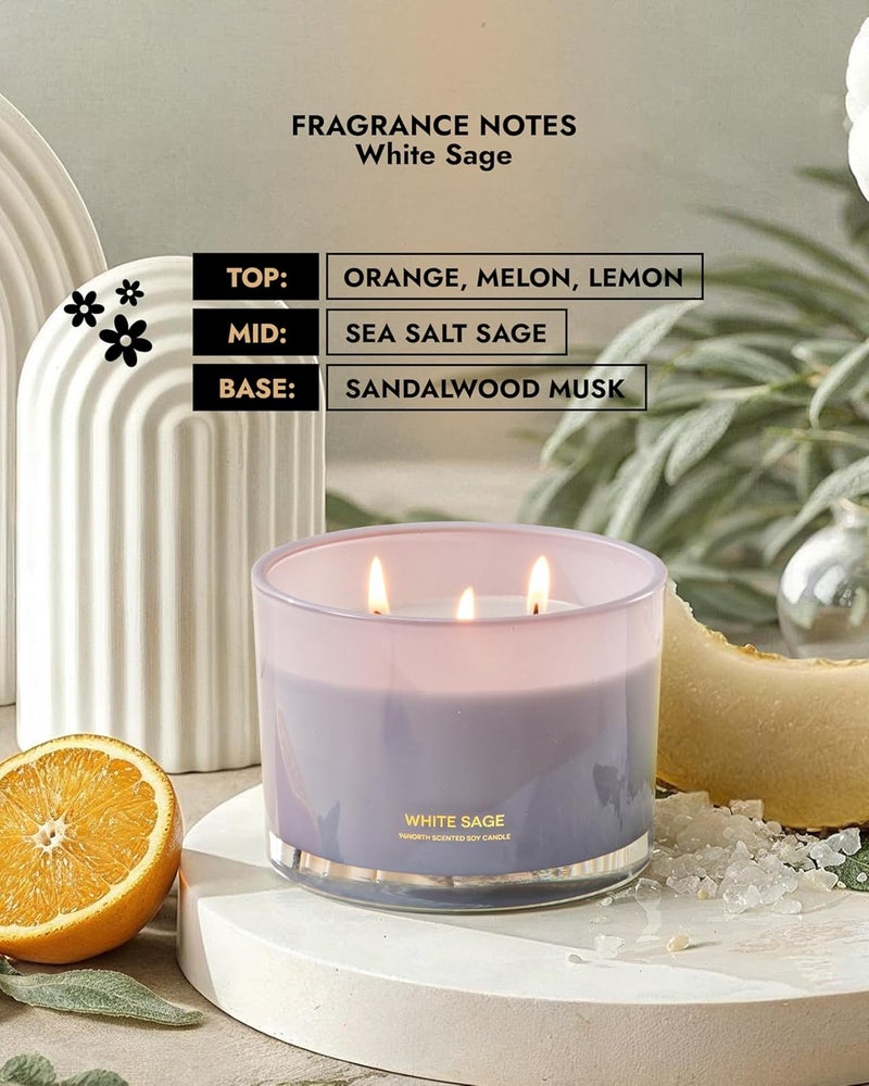 96NORTH Luxury White Sage Candle | Large 3 Wick Jar Candle | Up to 50 Hours Burning Time | 100% Natural Soy Wax | Relaxing Aromatherapy Aesthetic Candles | Housewarming Gift for Men and Women - Image 4