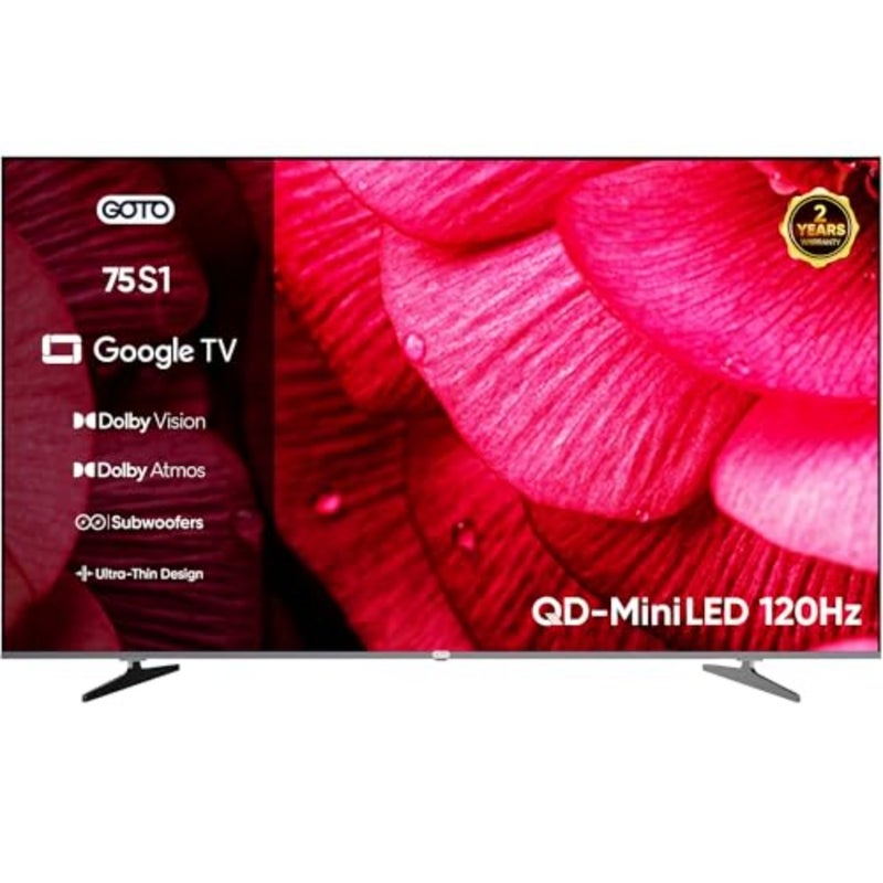 75 بوصة Google TV QD-miniLED بدون إطار 4K UHD 120 هرتز، وضع معزز الألعاب، معالج Google TV رباعي النواة الرسمي، 20 وات، مضخم صوت مدمج للتحكم الصوتي، 2.4/5 جيجا هرتز، WiFi Chromecast - Image 1