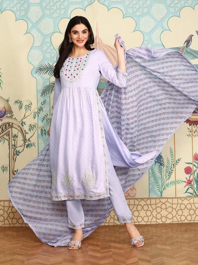 آي شين طقم كورتا نسائي بنفسجي قطني مع بنطلون ودوباتا - Image 4