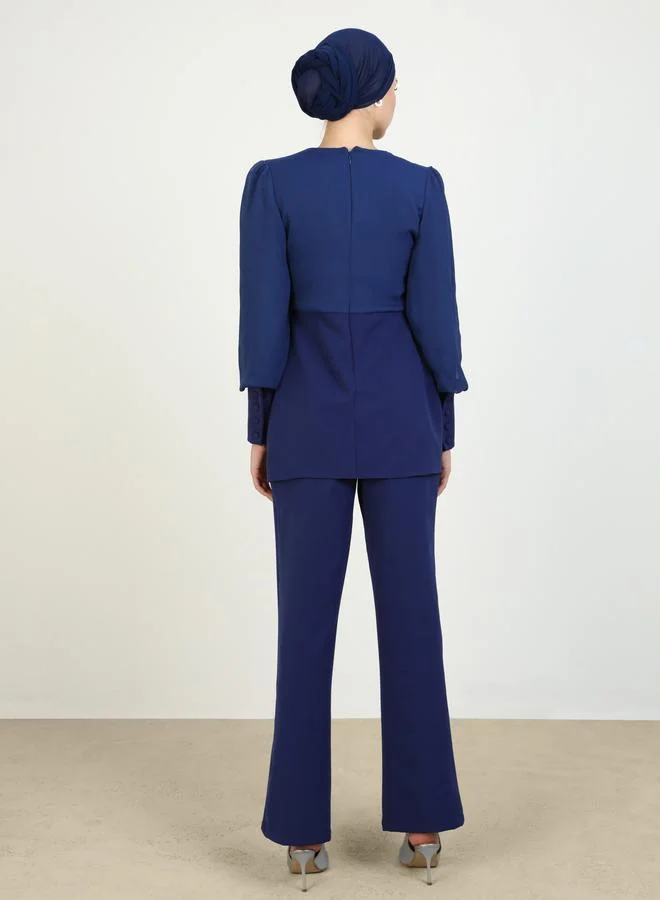 Refka by modanisa Refka by modanisa Navy Blue Bishop Sleeve Tunic with Trousers Co-Ords