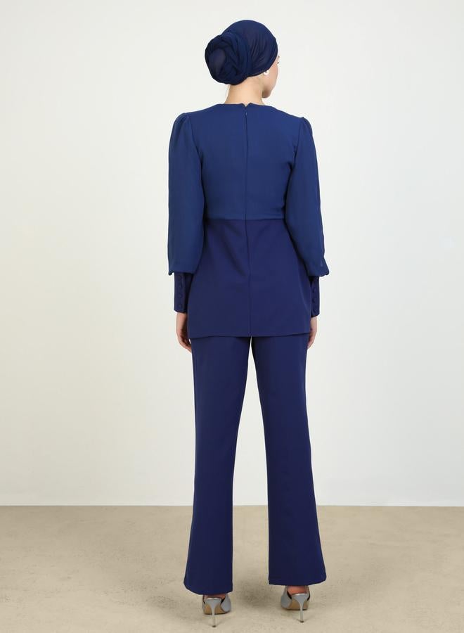 رفقة من مودانيسا تونيك أزرق داكن بأكمام أسقفية مع بنطلون طقم - Image 5