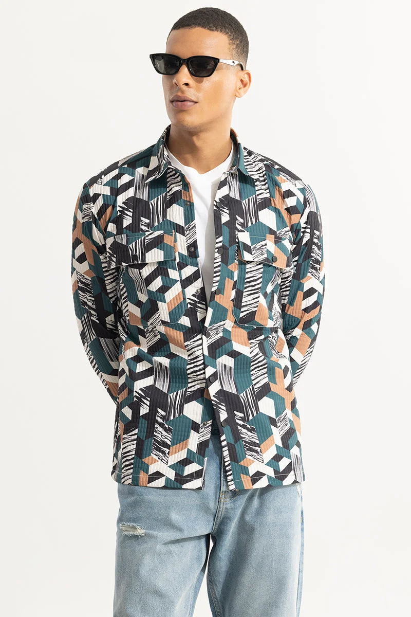 سنيتش Teal Abstract Long Sleeve Relaxed Casual Overshirt