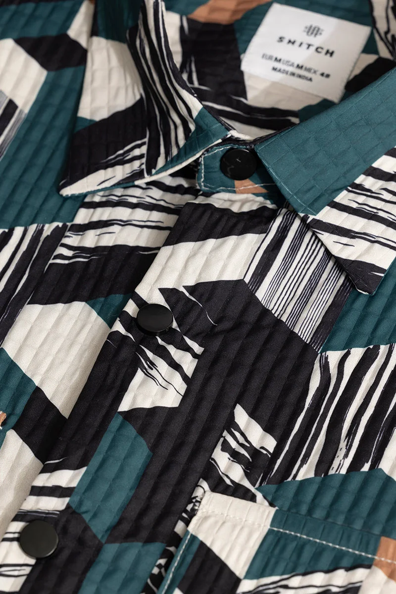 سنيتش Teal Abstract Long Sleeve Relaxed Casual Overshirt