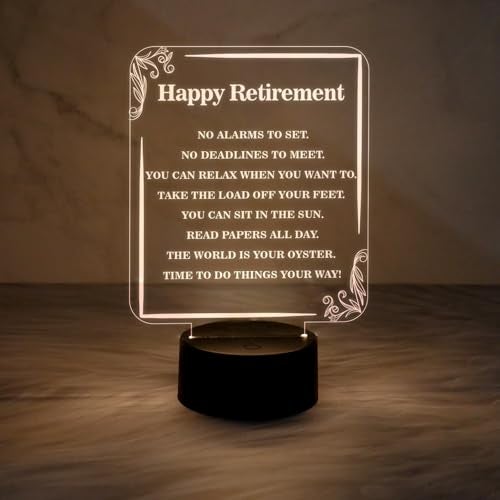 GIFTMEBAZAR Engraved Retirement Night Lamp with Warm White Light & USB Powered Gift for Retirement | Gift for Retirement Man & Women (Happy Retirement) - Image 1