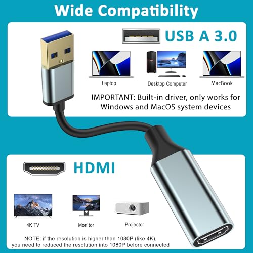 Herfair USB to HDMI Adapter [1080P Full HD, Built-in Driver] HDMI Adapter for Laptop to Monitor USB 3.0 to TV Screen Converter for MacOS/Windows 11/10/8.1/8/7 Computers Desktops PC MacBook - Image 4