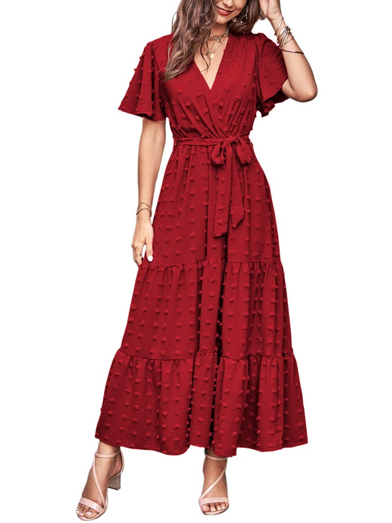 MASCOMODA Women Boho Swiss Dot Maxi Dresses Wrap V Neck Flutter Short Sleeve Solid Tie Waist A Line Tiered Flowy Long Dress(Red,Small) - Image 1