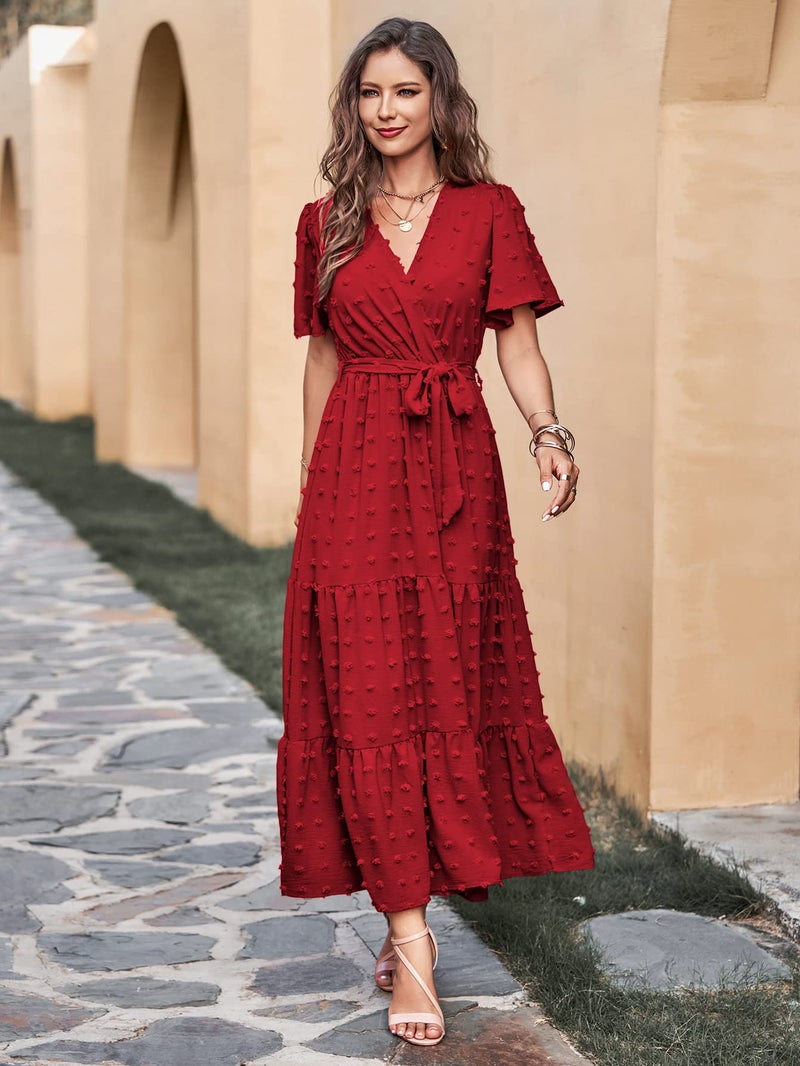 MASCOMODA Women Boho Swiss Dot Maxi Dresses Wrap V Neck Flutter Short Sleeve Solid Tie Waist A Line Tiered Flowy Long Dress(Red,Small) - Image 3