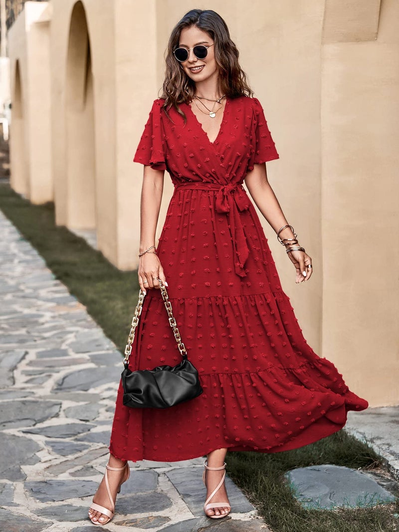 MASCOMODA Women Boho Swiss Dot Maxi Dresses Wrap V Neck Flutter Short Sleeve Solid Tie Waist A Line Tiered Flowy Long Dress(Red,Small) - Image 2