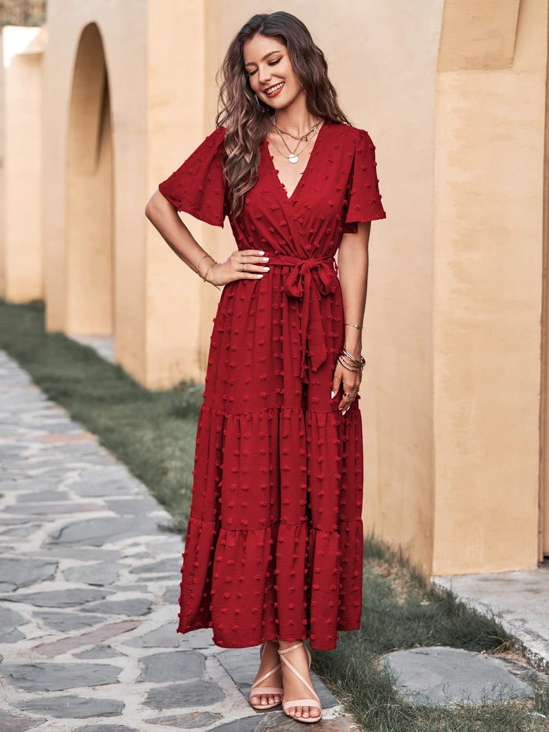 MASCOMODA Women Boho Swiss Dot Maxi Dresses Wrap V Neck Flutter Short Sleeve Solid Tie Waist A Line Tiered Flowy Long Dress(Red,Small) - Image 4