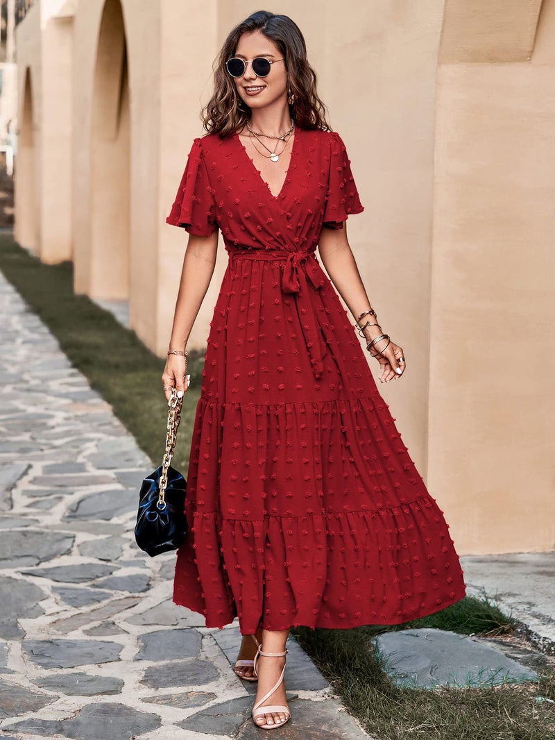 MASCOMODA Women Boho Swiss Dot Maxi Dresses Wrap V Neck Flutter Short Sleeve Solid Tie Waist A Line Tiered Flowy Long Dress(Red,Small) - Image 5