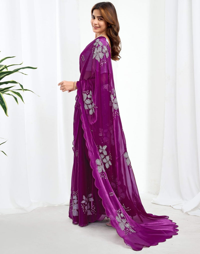 SIRIL Women's Shimmer Chiffon Sequence Embroidery Saree for Wedding Parties With Unstitched Blouse Piece (3997S122AA_Wine) - Image 2