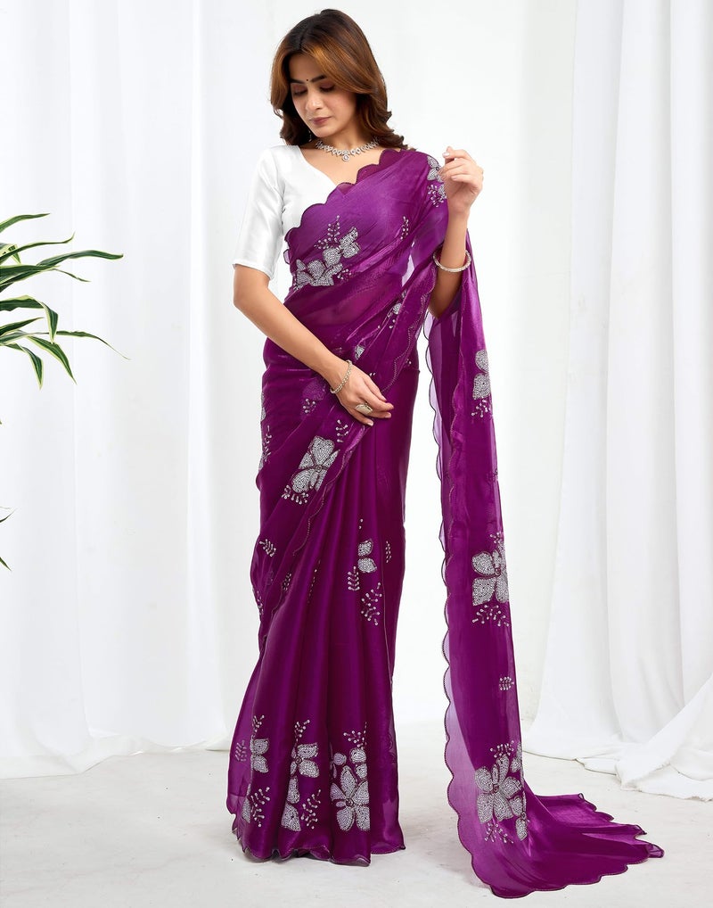 SIRIL Women's Shimmer Chiffon Sequence Embroidery Saree for Wedding Parties With Unstitched Blouse Piece (3997S122AA_Wine) - Image 3