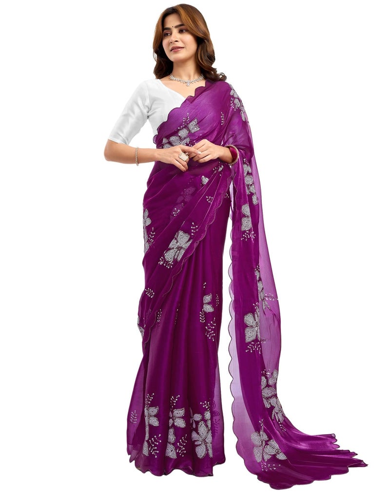 SIRIL Women's Shimmer Chiffon Sequence Embroidery Saree for Wedding Parties With Unstitched Blouse Piece (3997S122AA_Wine) - Image 1