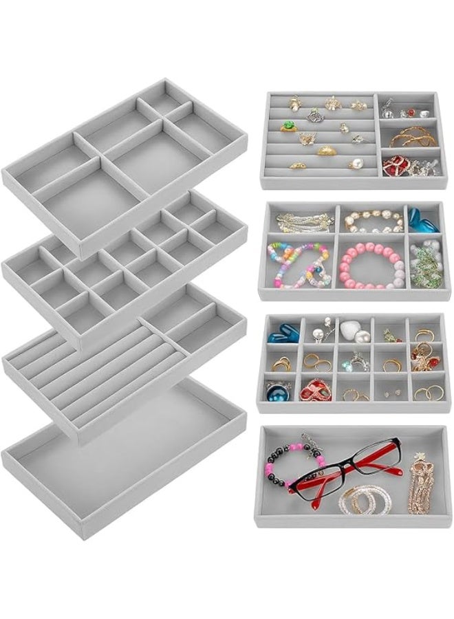4 PCS Jewelry Drawer Organizers, Velvet Jewelry Tray for Drawer, Multiple Compartment Layouts, Detachable Divider, Stackable Trays for Rings, Earrings, Bracelets, Necklaces - Image 1