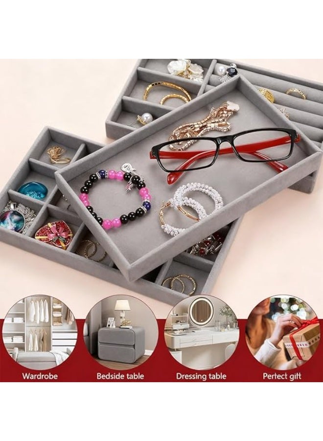 4 PCS Jewelry Drawer Organizers, Velvet Jewelry Tray for Drawer, Multiple Compartment Layouts, Detachable Divider, Stackable Trays for Rings, Earrings, Bracelets, Necklaces - Image 4