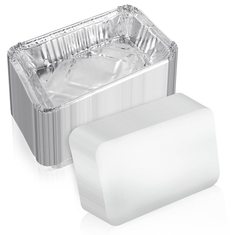 JMIATRY 50 Pcs Aluminum Foil Trays with Lids 21 x 15 x 45cm Disposable Foil Food Containers with Lids 840ml Takeaway Tin Foils Trays for Food Storage Roasting Baking Broiling and Freezing