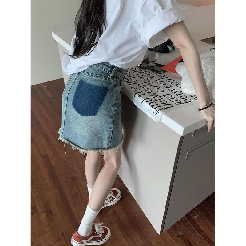 Contrast Color Denim Skirt Summer Retro High Waist Slim A-Line Raw Edge Short Skirt Trendy - Image 4