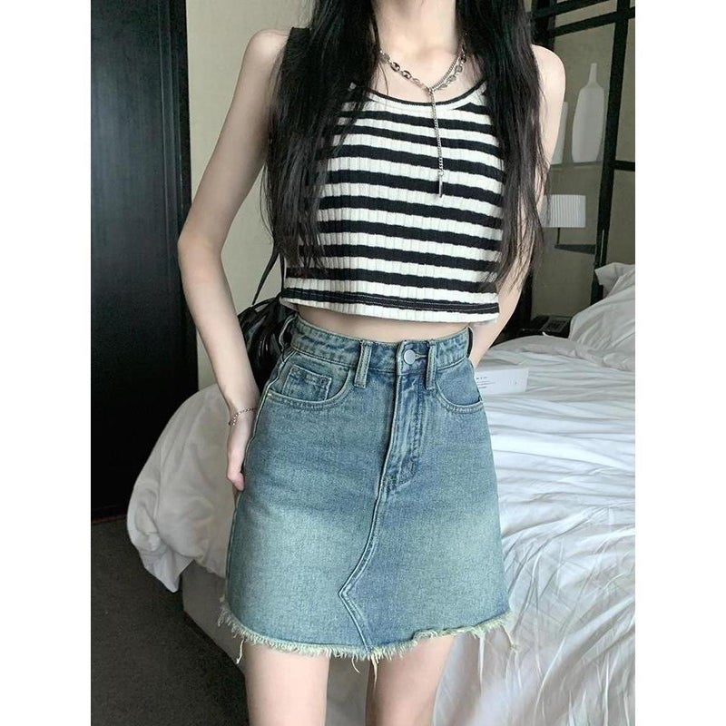 Contrast Color Denim Skirt Summer Retro High Waist Slim A-Line Raw Edge Short Skirt Trendy - Image 3